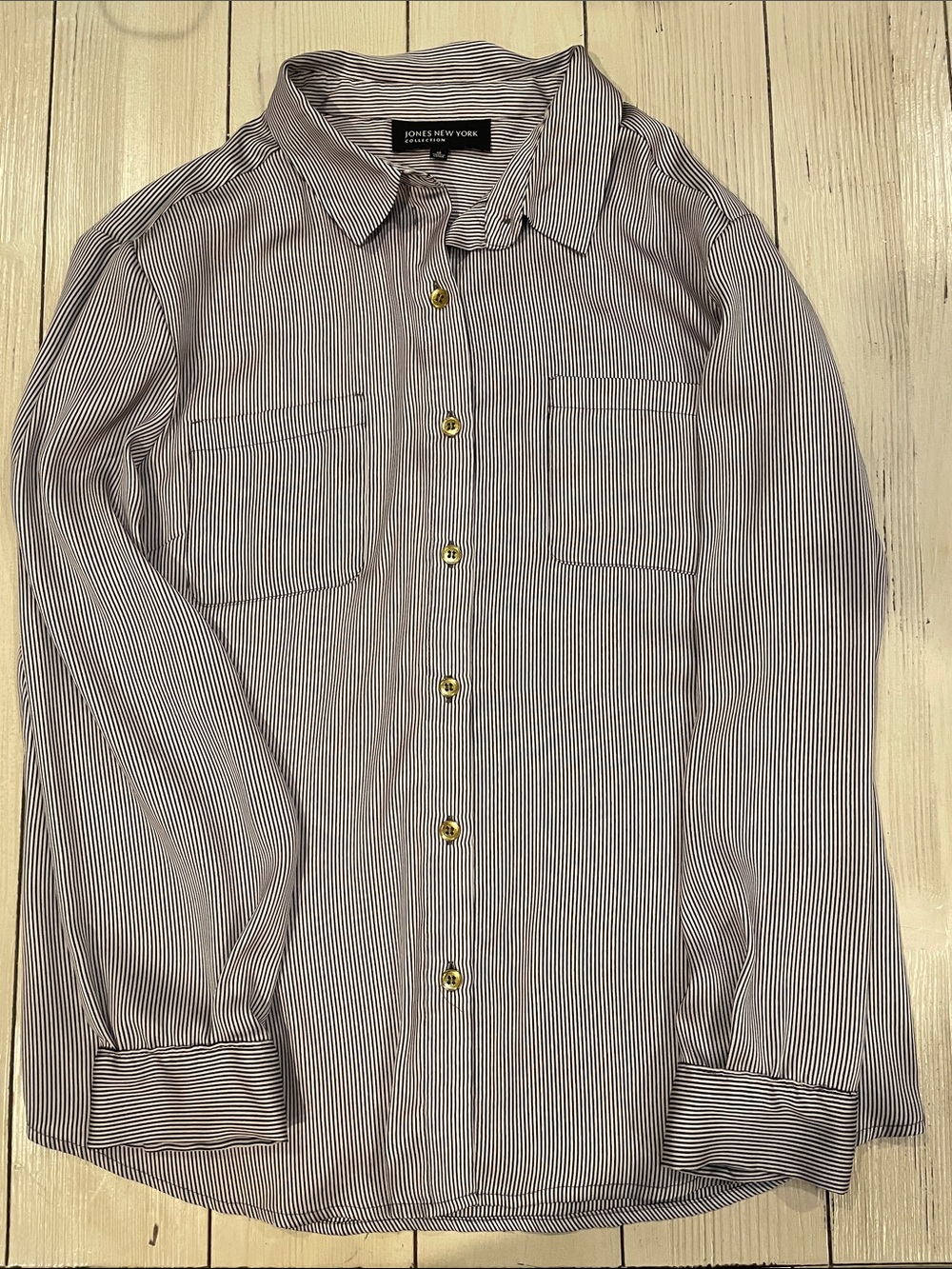 Jones New York Women's Thin Striped Button-Down Shirt in Light black and White